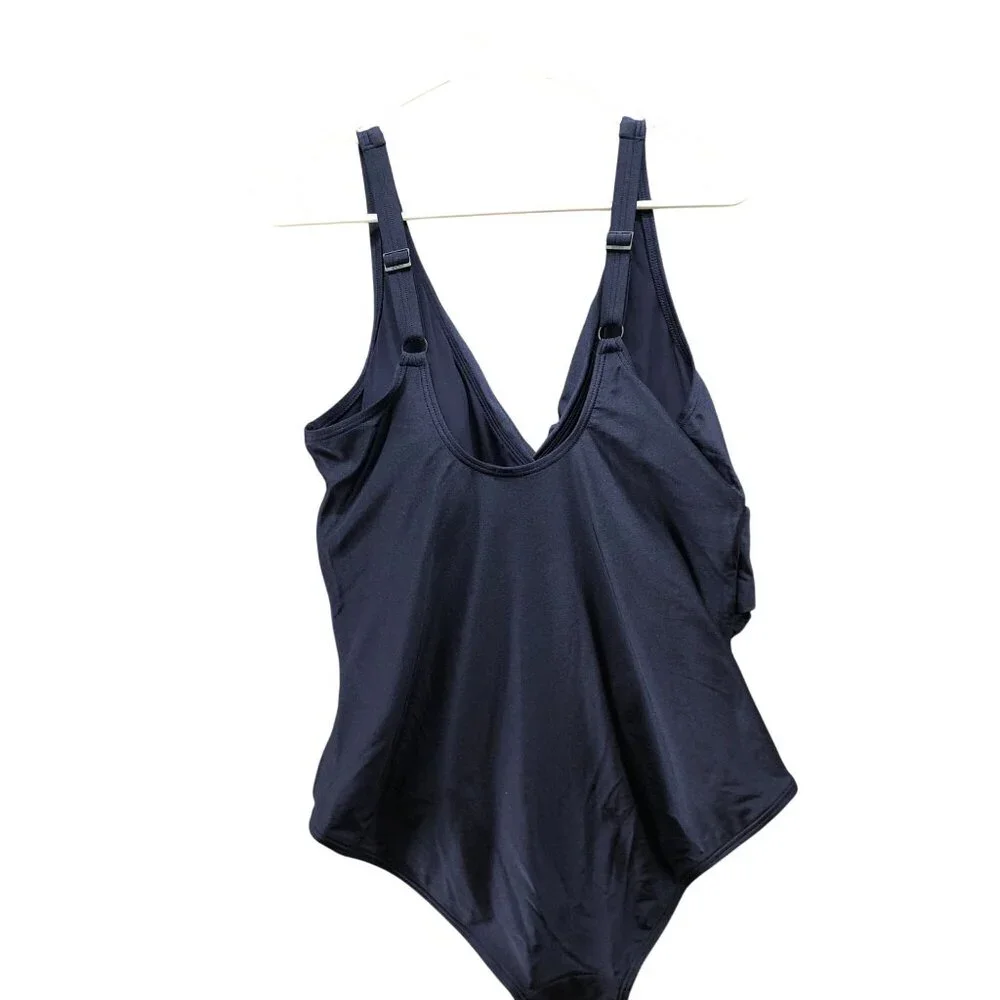DKNY One Piece Swimsuit Womens XL Navy Blue V-Neck Cut Out Twist Front Ruched‎ - Picture 2 of 10